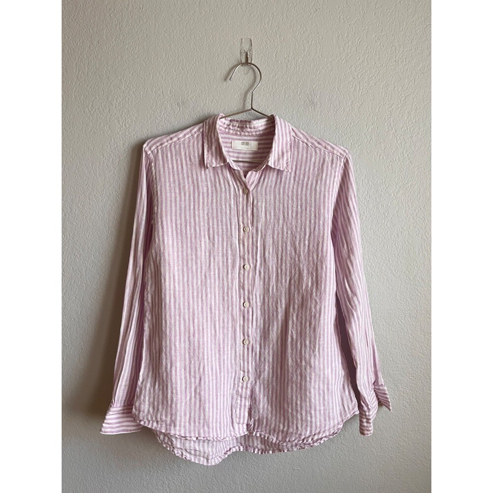 Uniqlo Women's Premium Linen Stripe Shirt in Purple/White Size SMALL